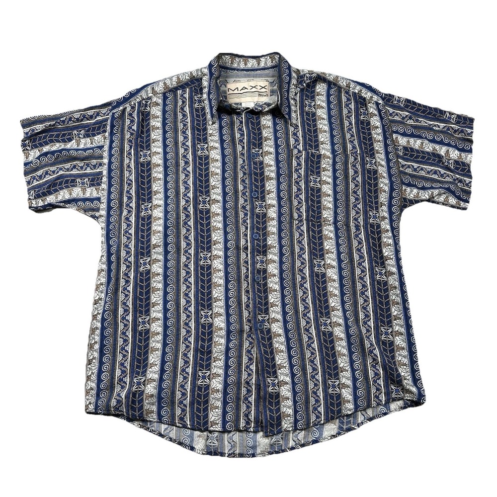 Vintage Maxx FM Shirt Mens L Rayon Camp Geometric 90s Rave Aloha Hawaiian